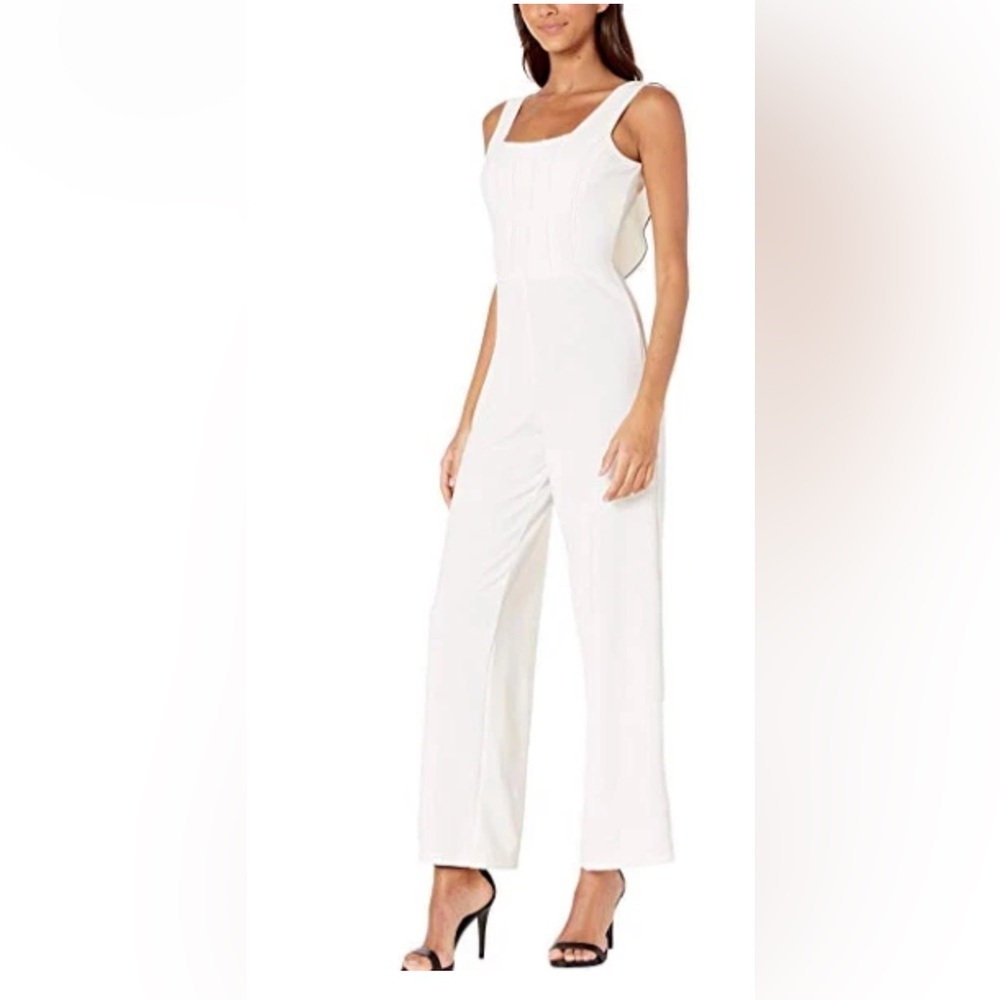 BEBE Ivory Jumpsuit Contrast Stitching and Ruffled Back Detail, Size 4, EUC